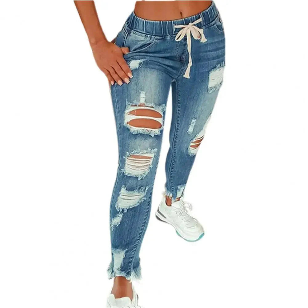 Stretchy Ripped Hole Jeans Women 2024 Straight Denim Trousers Female High Waist All-Match Casual Denim Pants New Streetwear SHOWLU FASHION STORE