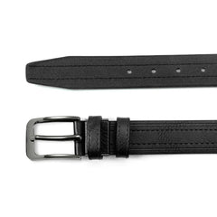 A black leather belt with a dark metal pin buckle and double-stitched detailing.