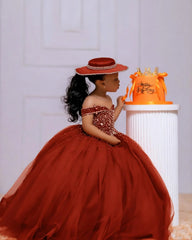Orange Tulle Girls Birthday Party Dresses Customized Ball Gown Crystal Flower Girl Dresses for Wedding Baby Girls Pageant Dress