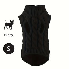 A black cable-knit sweater for small pets with a turtleneck and arm holes.