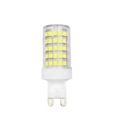 A G9 base LED corn bulb with a cylindrical array of small yellow light-emitting diodes.
