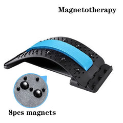 An adjustable black and blue back stretcher with eight embedded magnets for lumbar support.