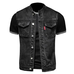 A black denim vest for men featuring a stand collar, button-down front, and two chest pockets.