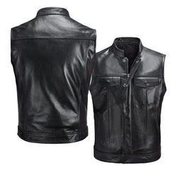 A black faux leather motorcycle vest with a stand collar, zipper closure, and chest pockets.