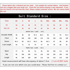 A size chart for men's suits showing jacket and pants measurements in centimeters.