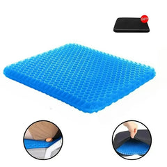 A blue honeycomb-patterned gel seat cushion shown with its black protective cover.
