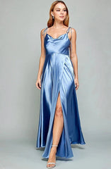 2024 New 3 Styles Simple Satin Bridesmaid Dress Cowl Neckline with Tieing Thin Straps Evening Dress Leg Slit A-line Prom Dress SHOWLU FASHION STORE