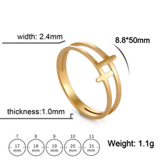 A gold-colored stainless steel ring featuring a double band design with a cross motif.