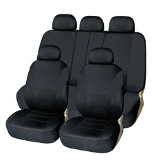 A set of black polyester universal car seat covers for front and rear seats.