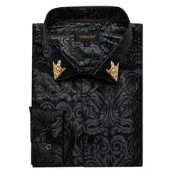 Men's Patterned Brocade Shirt with Gold Crown Collar Accents: Perfect for Luxury Galas, Formal Weddings