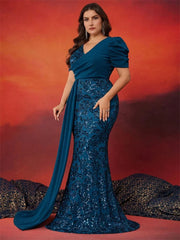 BLUEPLUM Plus Size Elegant V-neck Sequins Evening Dress Women Short Sleeves Mermaid Formal Luxury Party Streamer Prom Dress SHOWLU FASHION STORE