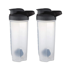 Two 28-ounce clear plastic shaker bottles with black lids and internal blender balls.