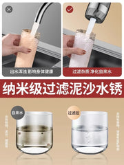 A kitchen faucet aerator attachment shown filtering cloudy tap water into clear water.