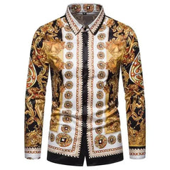 A men's long-sleeve button-down shirt featuring a gold and black ornate baroque print.