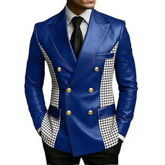 Men’s Brown Leather Blazer With Houndstooth Sides Vintage Two-Tone Double Breasted Slim Fit Gold Buttons Leather Tuxedo Jacket