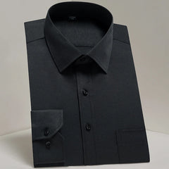 A long-sleeve black button-up dress shirt with a square collar and a chest pocket.