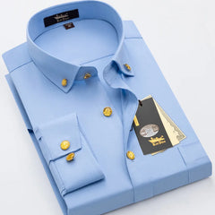 2026 Spring/Autumn New Men's Luxury Brass Button Long Sleeve Business Casual Shirt Ironing Resistant Office Work Shirts as Gift