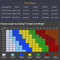 A size chart for men's leather belts showing length recommendations based on waist, height, and weight.