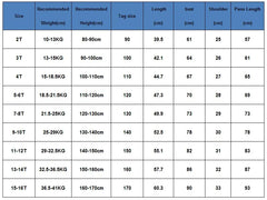 A size chart table for children's formal suits listing measurements by age, height, and weight.
