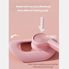 A pink pelvic floor muscle trainer with a rotating mechanism for adjustable exercise positions.