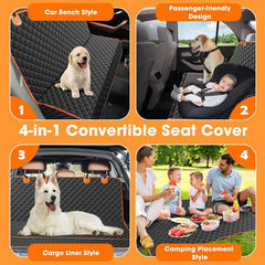 A versatile black quilted waterproof car seat cover shown in four different usage configurations.