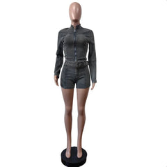 Sexy Denim Womens 2 Two Piece Set Stretchy Long Sleeve Zip Up Slim Jackets and Shorts Suits Y2k Streetwear Belt Jean Outfit Sets SHOWLU FASHION STORE