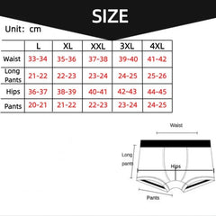 A size chart for men's boxer shorts showing measurements in centimeters for sizes L to 4XL.