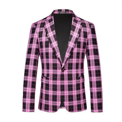 A single-breasted men's blazer featuring a pink and black plaid pattern.