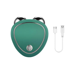 A green, heart-shaped microcurrent facial massager with two metal rollers and a USB charging cable.