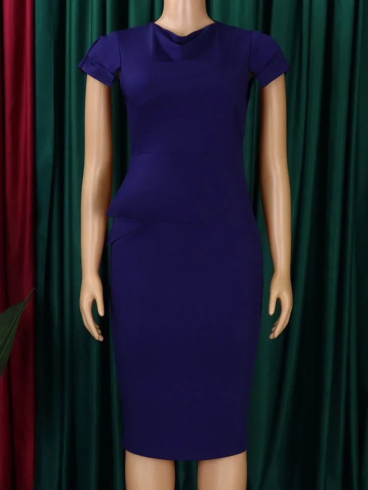 A solid dark blue, short-sleeved midi dress with a slim fit and a peplum waist detail.