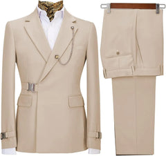 Men's slim fit 2-piece suit with metal clasp, stylish business casual tuxedo, featuring a tailored jacket and matching trousers.