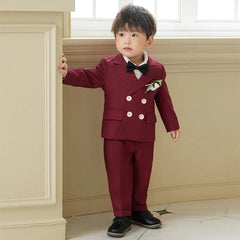 Children's Formal Burgundy Suit Set Autumn Winter British Boys Jacket Pants Vest Outfit Kids Baby's First Birthday Party Dress