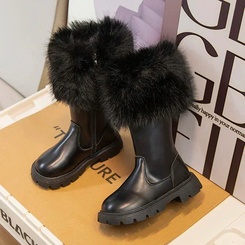 Girls High Boots Thick Warm Plush Fur Beige Black Side Zipper Fashion Children Leather Long Boots Kids Winter Boots 2024 New SHOWLU FASHION STORE
