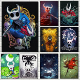 A collection of nine vertical canvas prints featuring various Hollow Knight game characters.