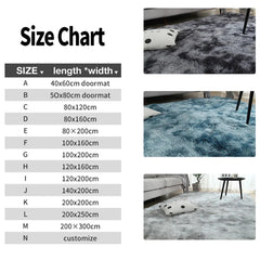A size chart for plush rectangular rugs alongside images of the carpet in various colors.