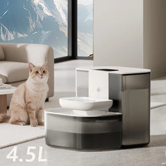 A 4.5L smart pet water fountain with a minimalist design sits on a floor next to a cat.
