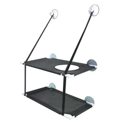 A two-tier black mesh cat hammock with suction cups for window mounting.