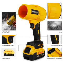 A yellow cordless electric blower with a 20V battery and variable speed trigger.