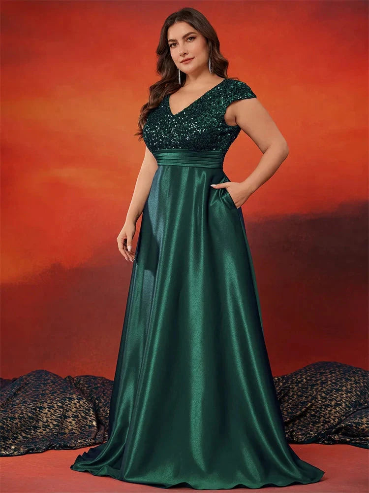 XUIBOL Plus Size Elegant V-Neck Green Sequin Evening Dress Long Luxury Women Satin Short Sleeves Party Prom Cocktail Dress SHOWLU FASHION STORE