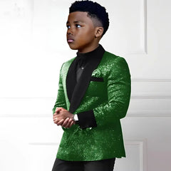 Sequin boys' 2-piece suit set with double-breasted blazer and pants, stylish tuxedo outfit for kids ages 2 to 16.