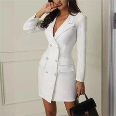 Autumn Solid Color Long Sleeved Suit Dress, Fashionable Women's Suit Collar Long Sleeved Button Up Cardigan Slim Fit Mini Skirt SHOWLU FASHION STORE