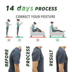 An adjustable back posture corrector shown in a 14-day usage guide for improved shoulder alignment.