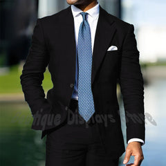 Blue Linen Single Breasted Men Suit Two Pieces(Jacket+Pants) Outfits Casual Party Prom Wedding Set