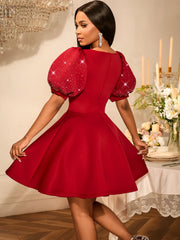 Luxury A Line Dress for Women O Neck Short Lantern Sleeves with Rhinestone Solid Elegant Classy Evening Party Celebrate Prom New