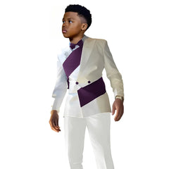 White satin boys suit set with double-breasted jacket and pants, slim fit tuxedo for boys aged 2 to 16, shown in the image.