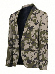A single-breasted men's blazer featuring a green and tan camouflage pattern.