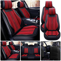 A set of red and black PU leather car seat covers with a patterned design and central stripes.