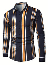 A men's long-sleeved button-up shirt featuring a navy blue base with vertical orange and white stripes.