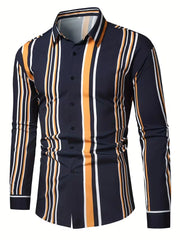 A men's long-sleeved button-up shirt featuring a navy blue base with vertical orange and white stripes.