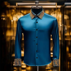 Men's luxury long sleeved shirt silk long sleeved white brown solid color Paisley slim fit shirt casual lapel top